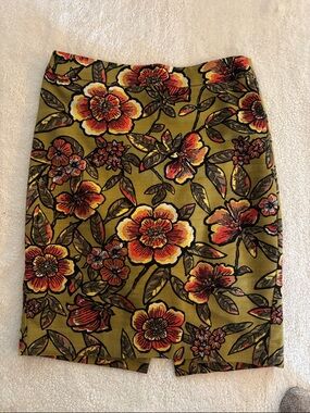 LOFT Olive Floral Pencil Skirt with Red-Orange Blooms